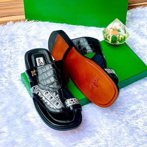 Black Crocodile-Embossed Leather Slide Slippers