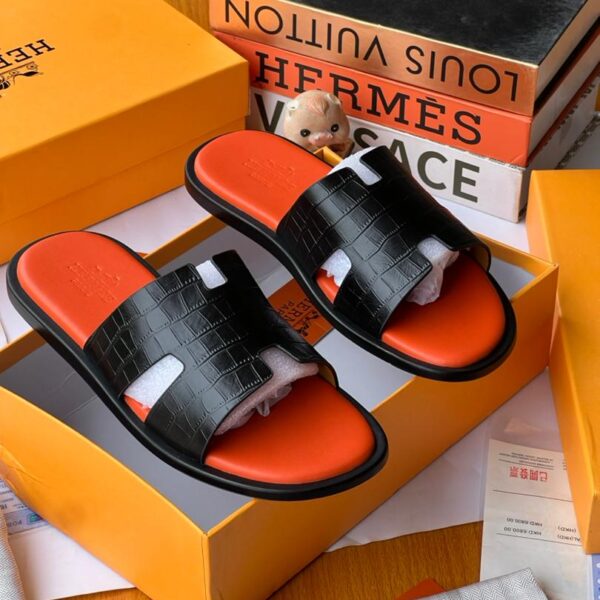 Black Crocodile-Embossed Leather Sliders