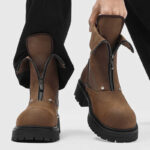 Black Leather Boots for Men with Front Zipper