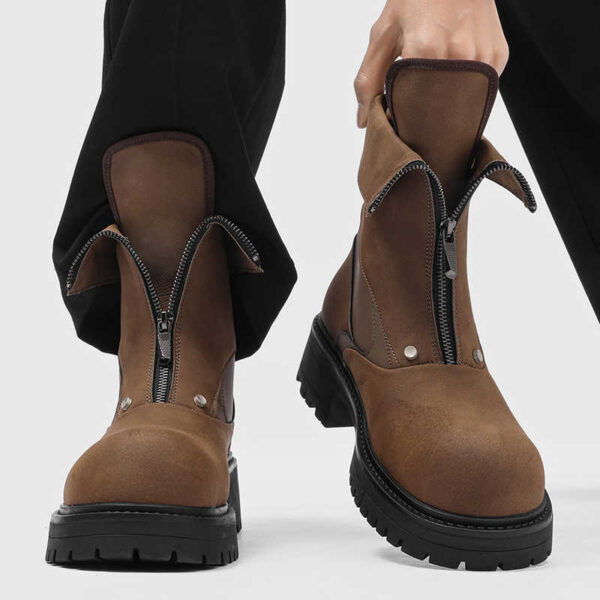 Black Leather Boots for Men with Front Zipper