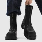 Black Leather Boots for Men with Front Zipper