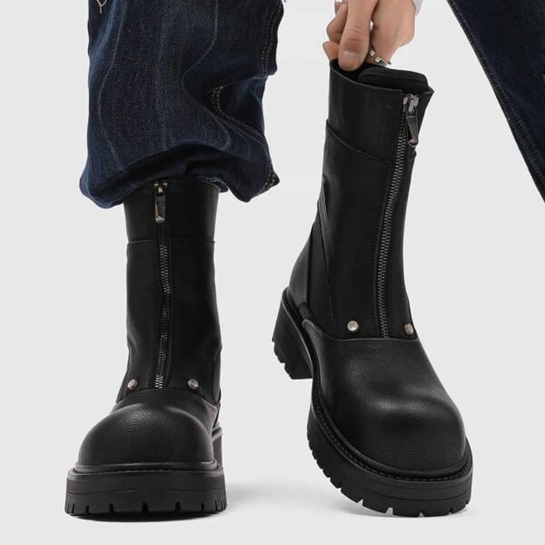Black Leather Boots for Men with Front Zipper