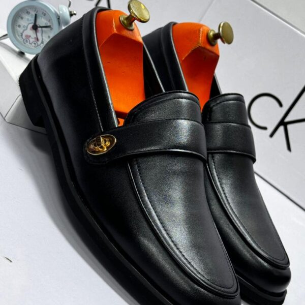 Black Leather Loafers with Gold-Tone Buckle