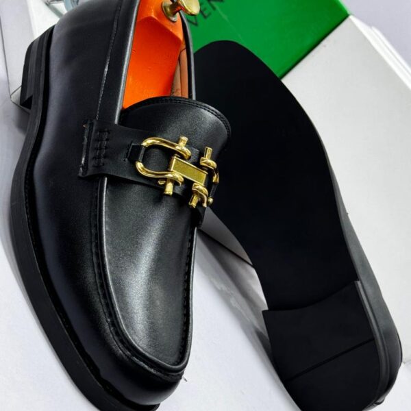 Black Leather Loafers with Gold-Tone Metal Strap