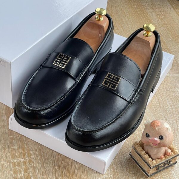 Black Leather Loafers with Metal Logo Plaque