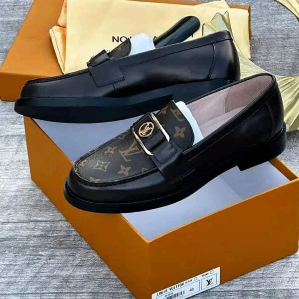 Black Leather Loafers with Monogram Canvas Vamp