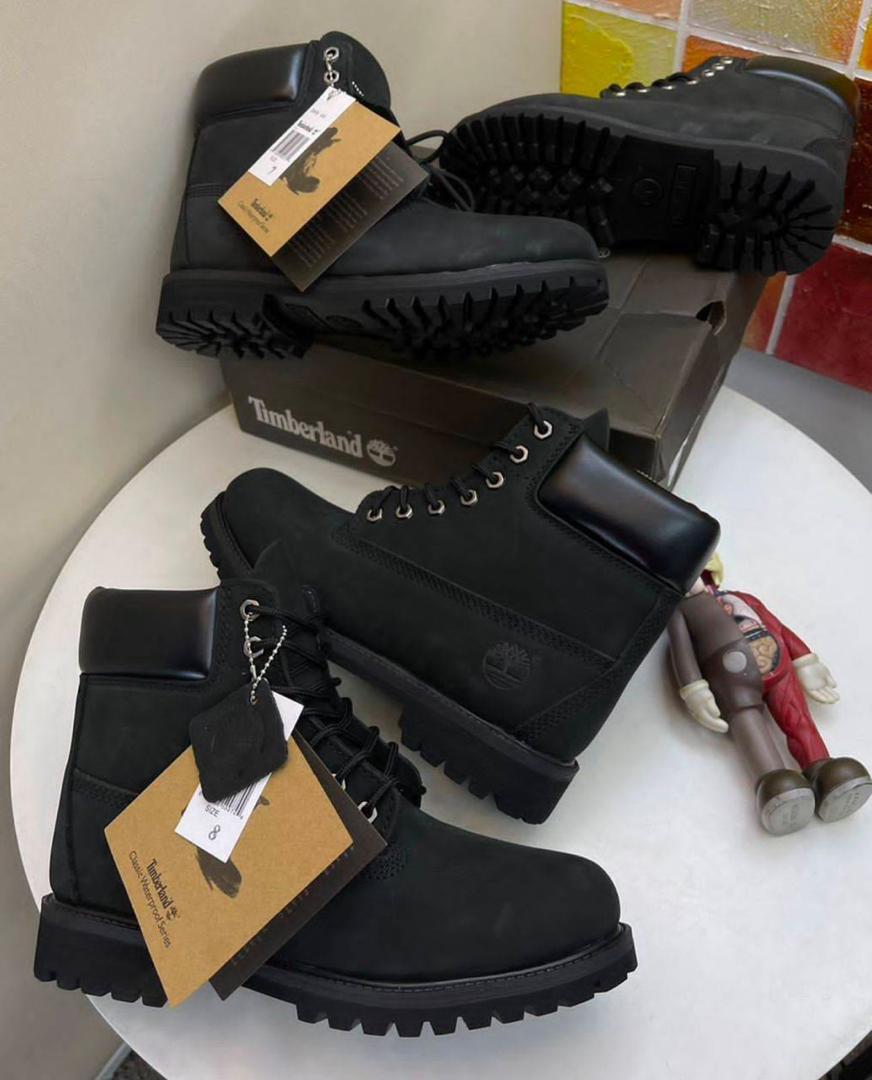 Black Nubuck Leather Boots with Rugged Rubber Sole Black Leather Boots with White Padded Collar