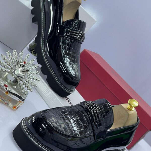 Black Patent Leather Lug Sole Loafers with Chain Detail