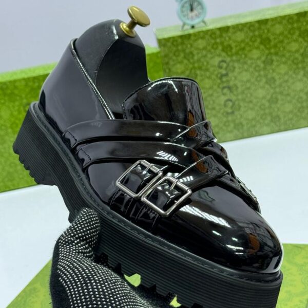 Black Patent Leather Platform Loafers with Dual Cross Buckles