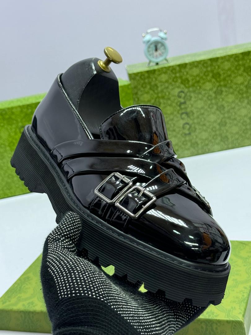 Black Patent Leather Platform Loafers with Dual Cross Buckles Black Patent Leather Platform Loafers with Dual Cross Buckles