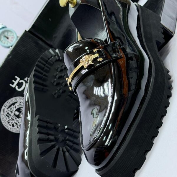 Black Patent Leather Platform Loafers with Gold Medusa Emblem