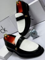 Black & White Leather Loafers with Gold Metal Bit - Image 2