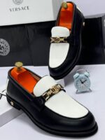 Black & White Leather Loafers with Gold Metal Bit
