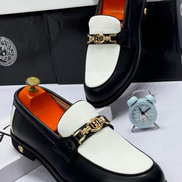 Black & White Leather Loafers with Gold Metal Bit