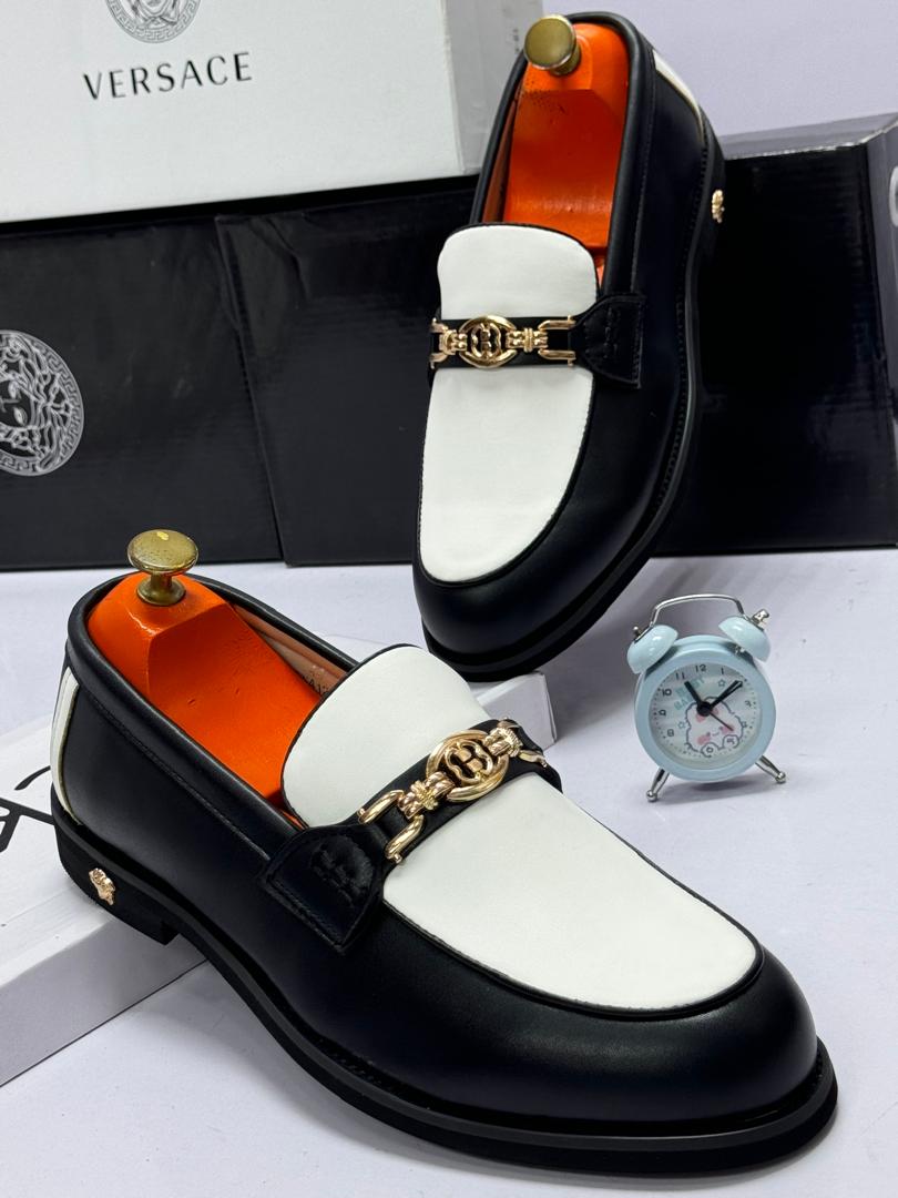 Black & White Leather Loafers with Gold Metal Bit Black & White Leather Loafers with Gold Metal Bit