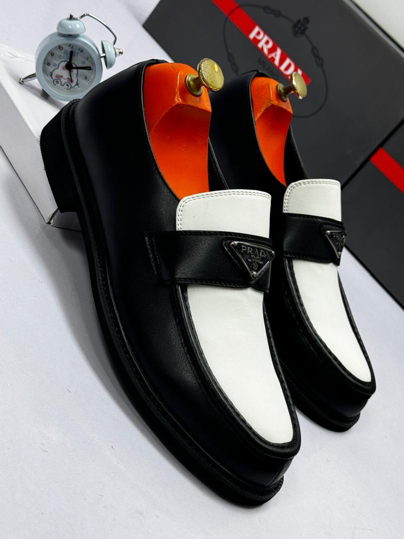 Black & White Leather Loafers with Metal Logo Plaque Black & White Leather Loafers with Metal Logo Plaque