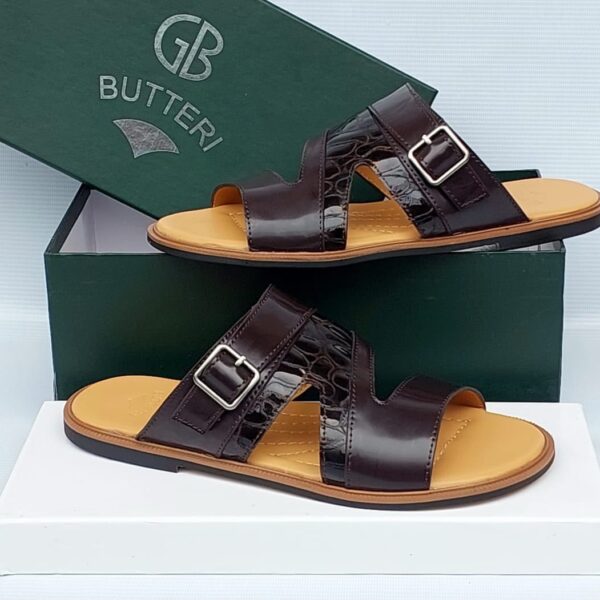 Brown Crocodile-Embossed Leather Slides
