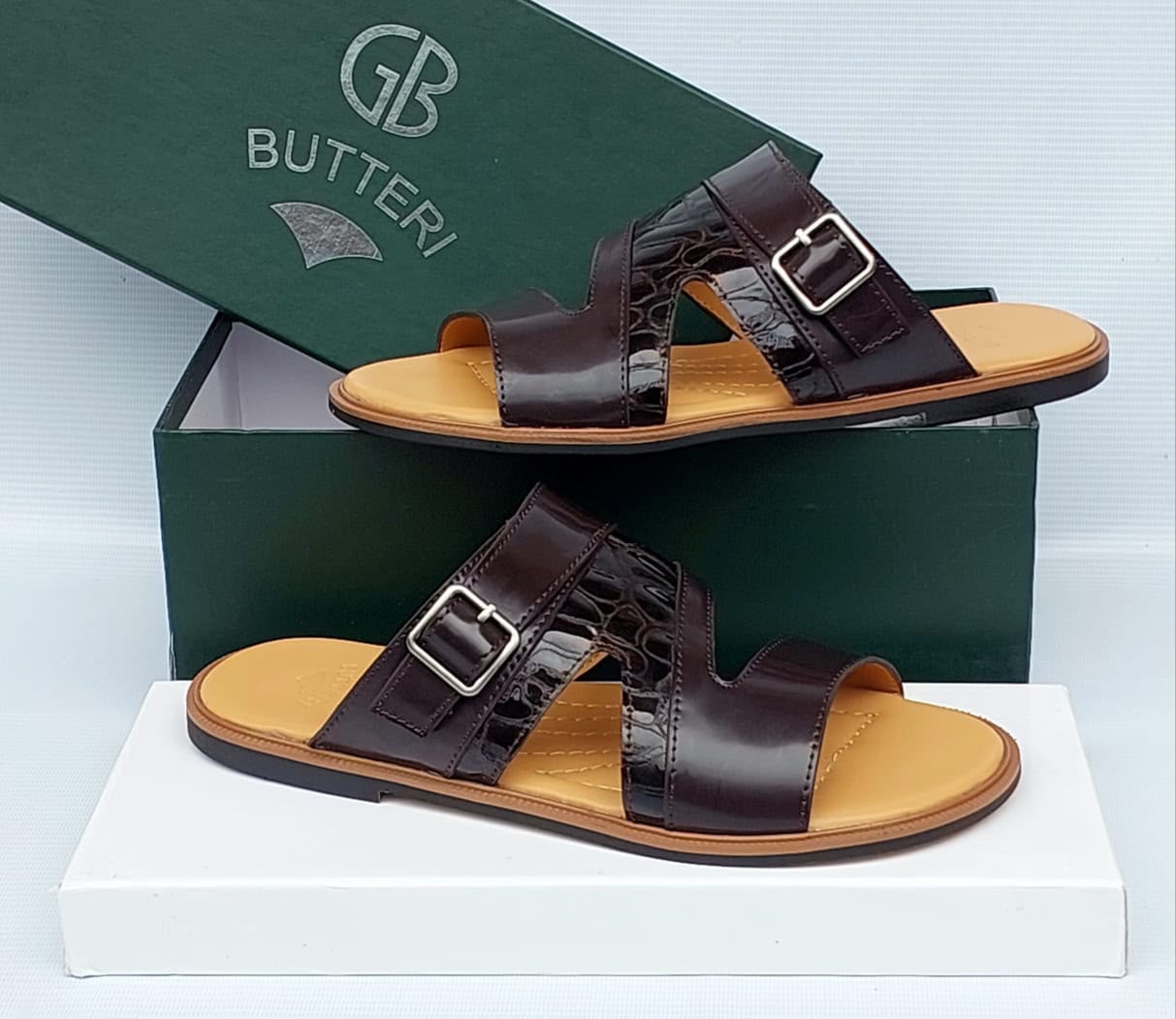 Brown Crocodile-Embossed Leather Slides Brown Crocodile-Embossed Leather Slides