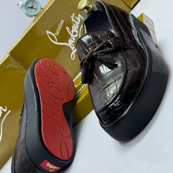 Brown Crocodile-Embossed Tassel Loafers