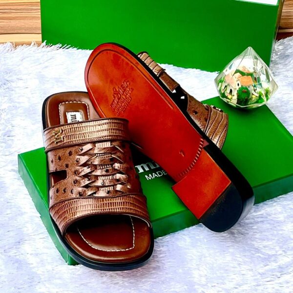 Brown Leather Palm Slippers with Woven Strap Design