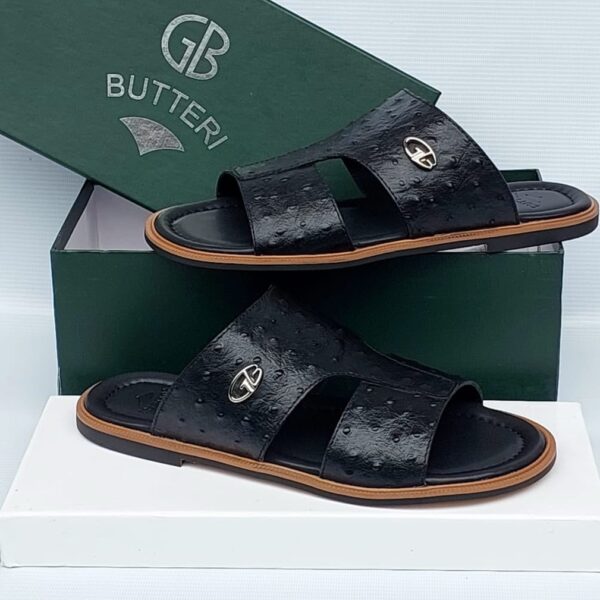GB Butteri Black Ostrich-Embossed Slide Sandals