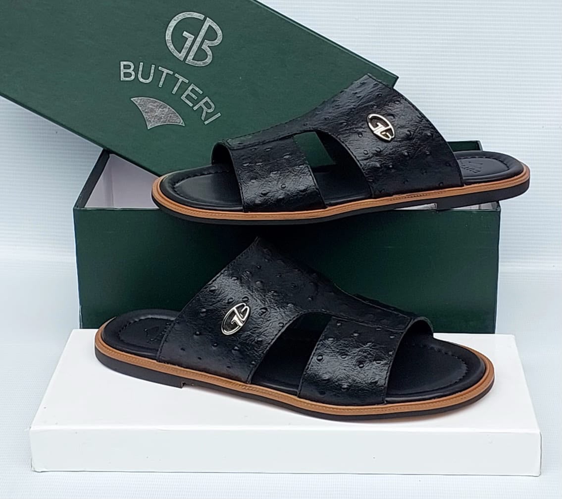 GB Butteri Black Ostrich-Embossed Slide Sandals GB Butteri Black Ostrich-Embossed Slide Sandals