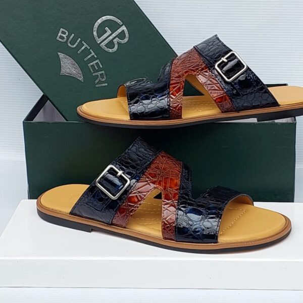 GB Butteri Brown & Black Crocodile-Embossed Leather Sandals