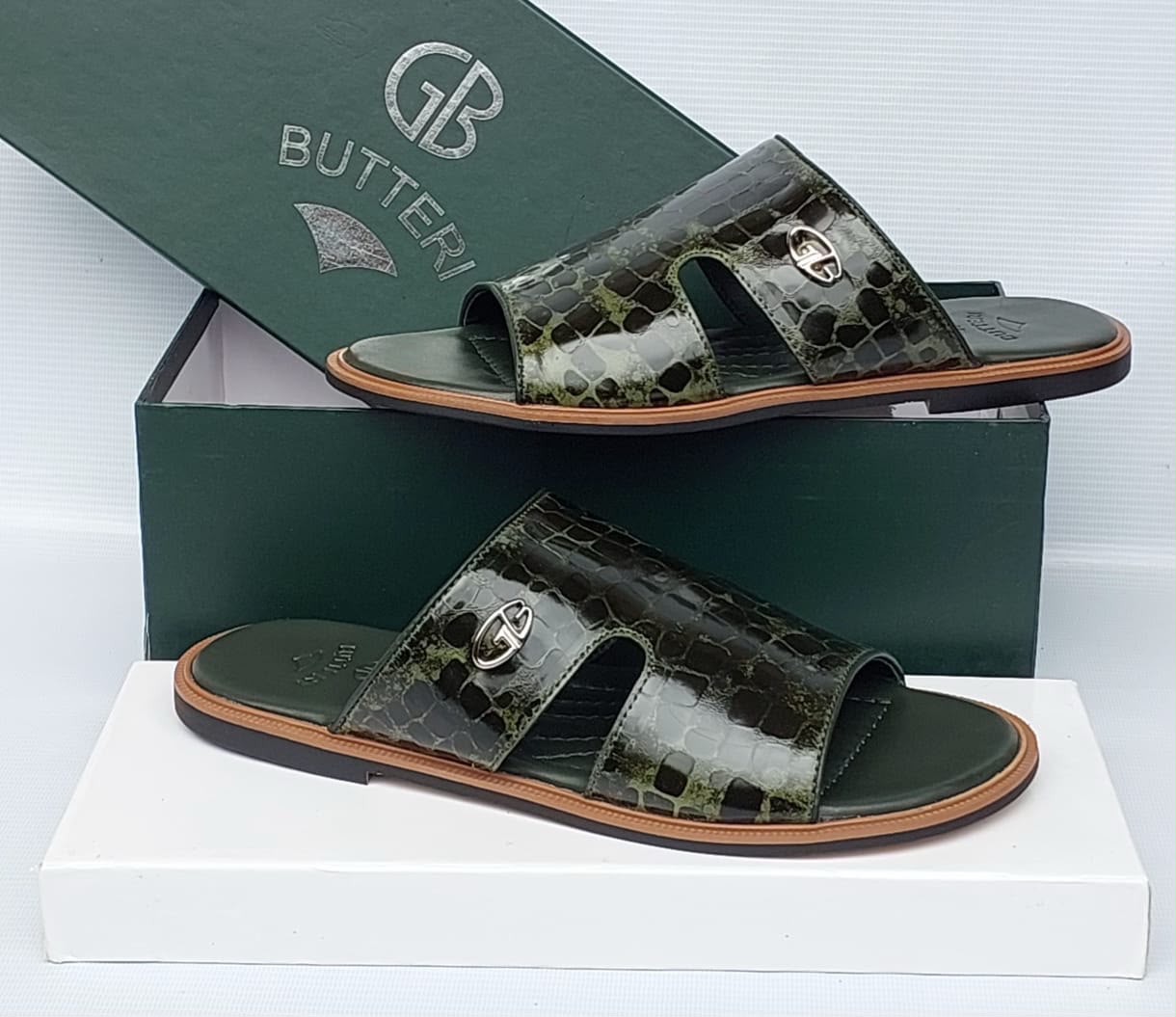 GB Butteri Green Crocodile-Embossed Leather Slides GB Butteri Green Crocodile-Embossed Leather Slides