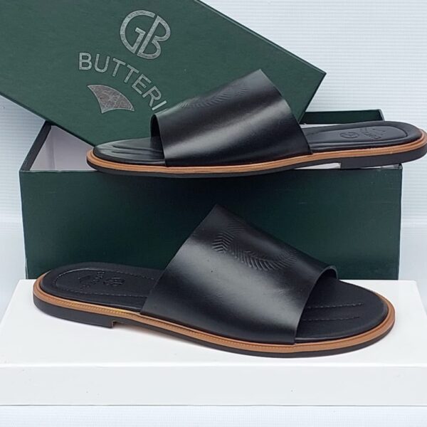Gianfranco Butteri Black Ostrich-Embossed Leather Slides