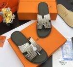 Hermès Izmir Blue & White Crocodile-Embossed Sandals