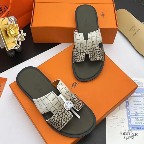 Hermès Izmir Blue & White Crocodile-Embossed Sandals