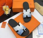 Hermès Izmir Blue & White Crocodile-Embossed Sandals
