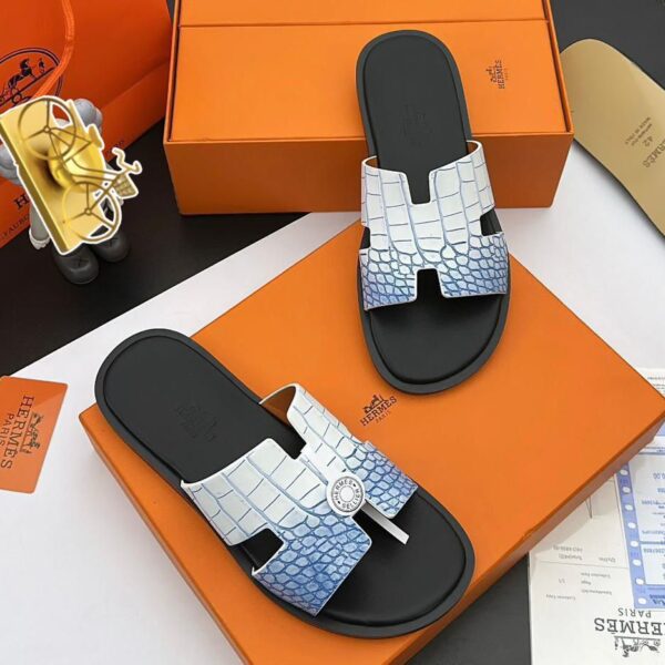 Hermès Izmir Blue & White Crocodile-Embossed Sandals