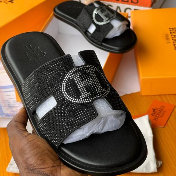 Hermès Paris Black Rhinestone “H” Strap Men’s Slippers