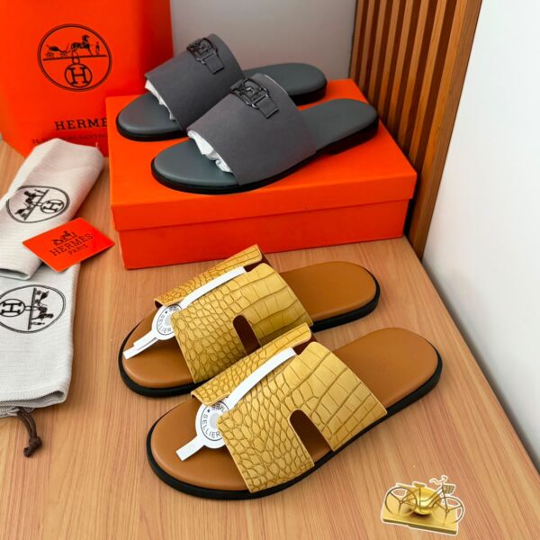 Hermès Paris Crocodile-Embossed Yellow Leather Sandals