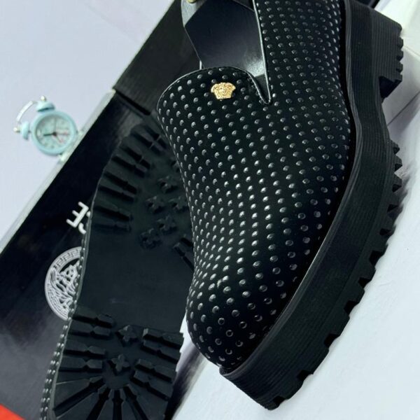 Men's Black Studded Loafers with Gold Medusa Emblem