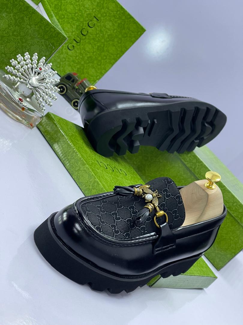 Men's Monogram Leather Chunky Sole Loafers with Gold Bee Accent Men's Monogram Leather Chunky Sole Loafers with Gold Bee Accent
