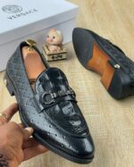 Men’s Woven Leather Slip-On Loafers with Medusa Charm