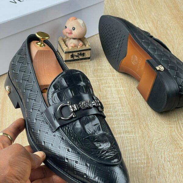 Men’s Woven Leather Slip-On Loafers with Medusa Charm