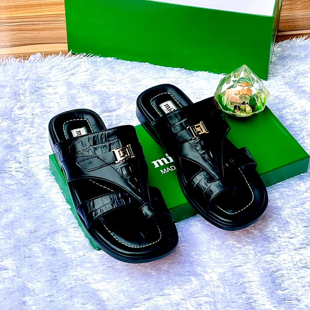 Mister Black Crocodile-Embossed Leather Slide Sandals Mister Black Crocodile-Embossed Leather Slide Sandals