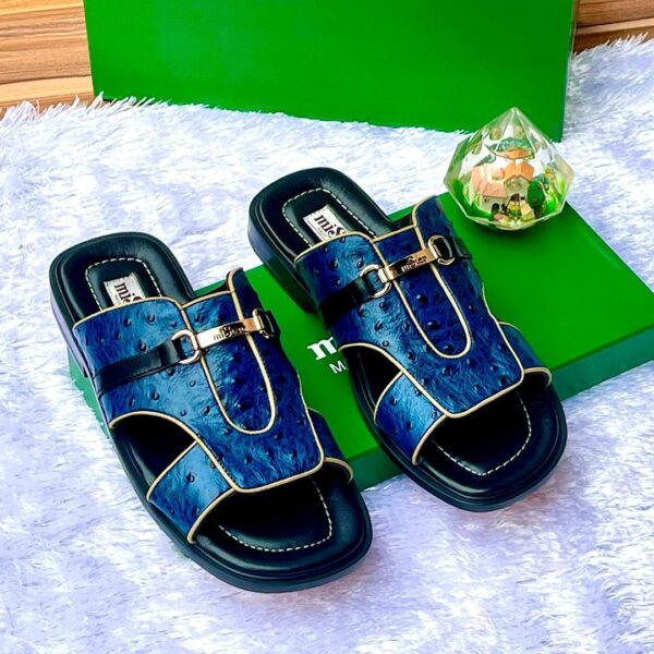 Mister Blue Ostrich-Textured Leather Slide Sandals