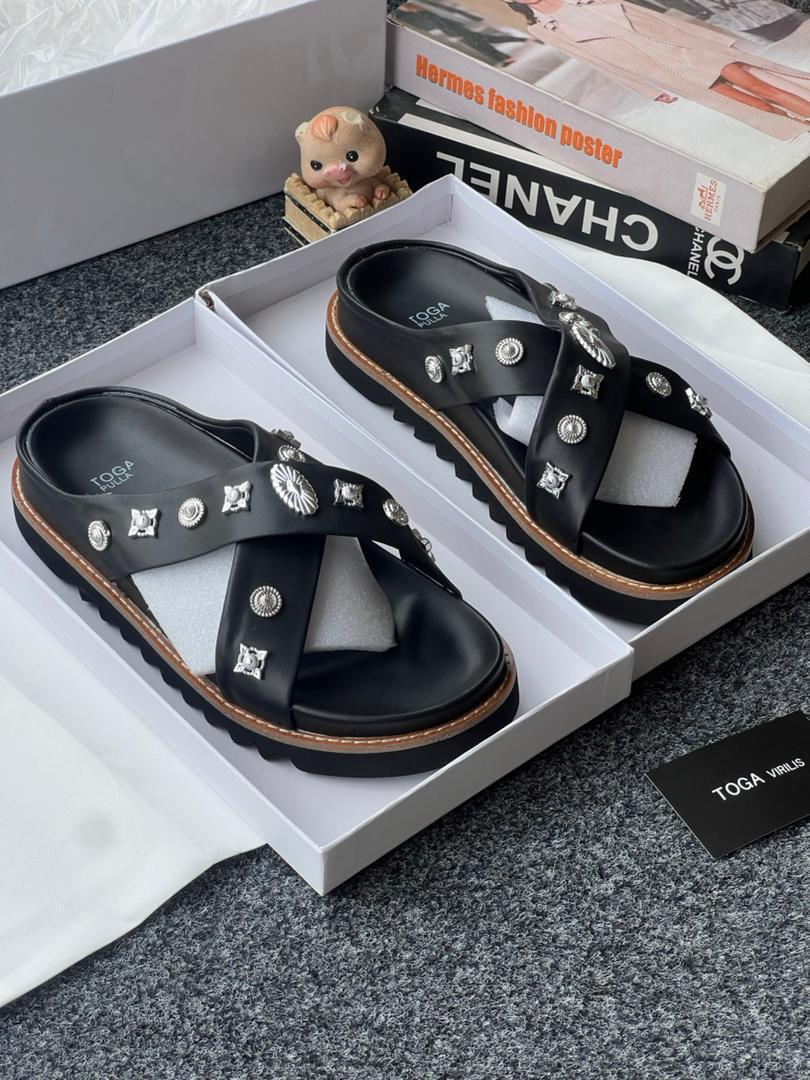 Toga Virilis Black Embellished Leather Slides Toga Virilis Black Embellished Leather Slides