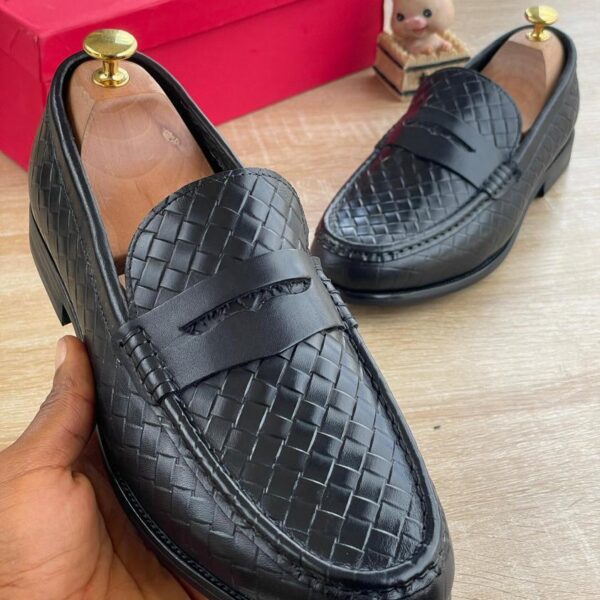 Valentino-Style Black Woven Leather Penny Loafers