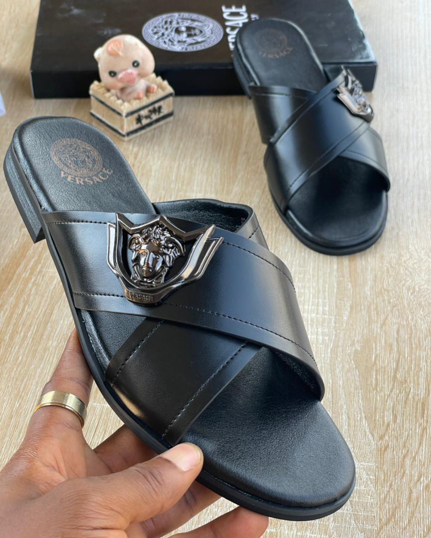 Versace Black Leather Slides Versace Black Leather Slides