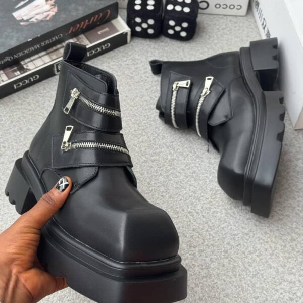 Black Chunky Platform Ankle Boots with Zipper Straps
