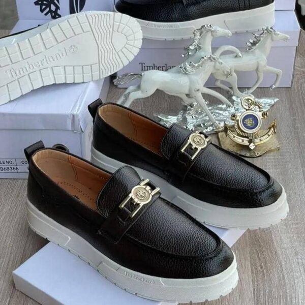 Black Leather Loafers with Gold Logo Buckle