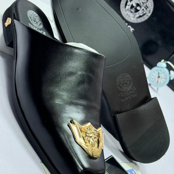 Black Leather Mules with Gold Medusa Logo