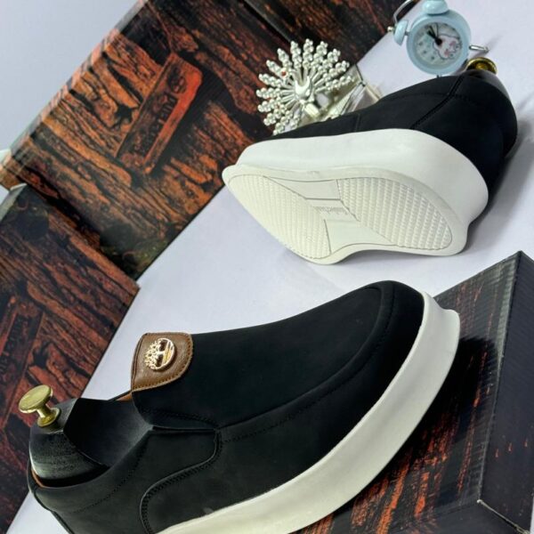 Black Leather Slip-On Casual Shoes with Gold Logo Detail