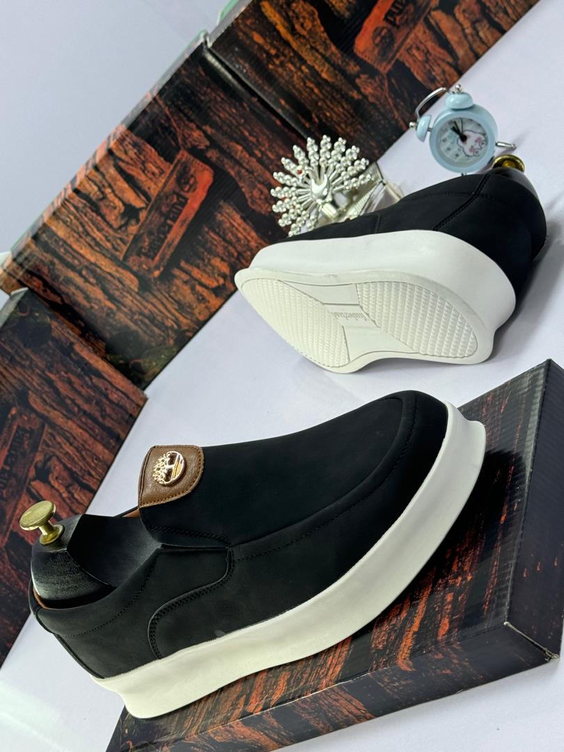 Black Leather Slip-On Casual Shoes with Gold Logo Detail Black Leather Slip-On Casual Shoes with Gold Logo Detail
