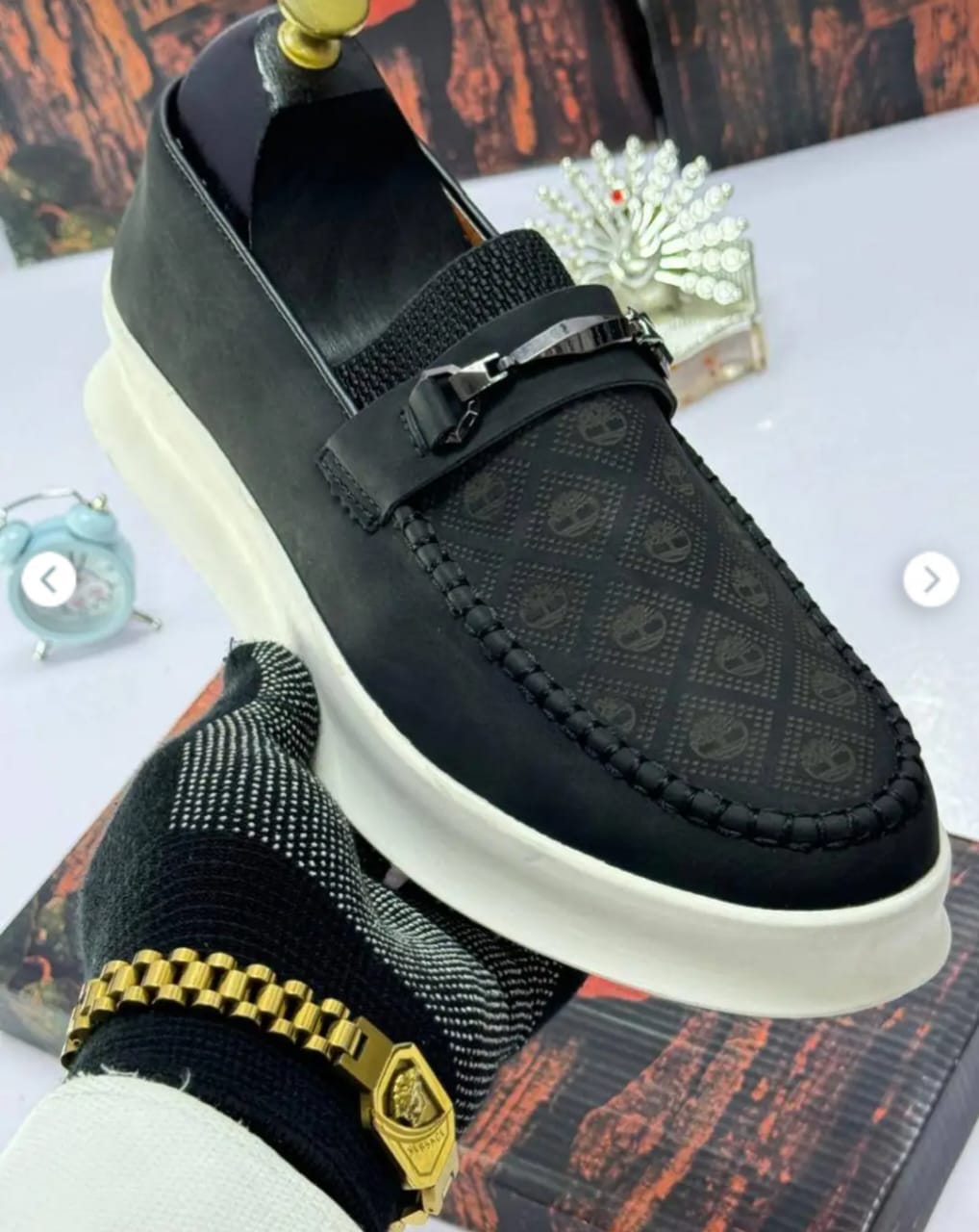 Black Monogram Loafers with Metal Bit Detail Black Monogram Loafers with Metal Bit Detail